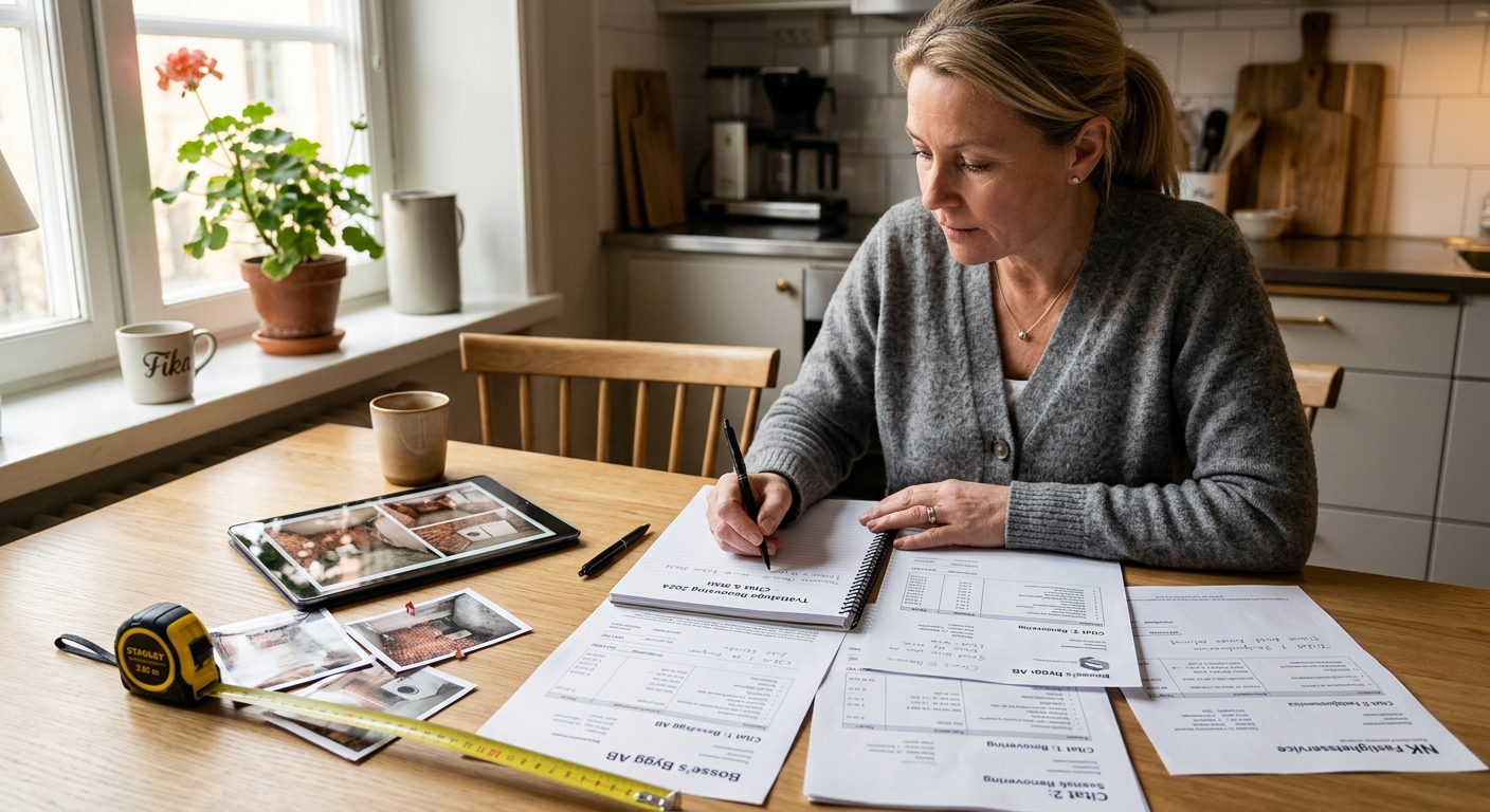 Bostadsägare jämför offerter och ritning för tvättstugerenovering vid ett köksbord