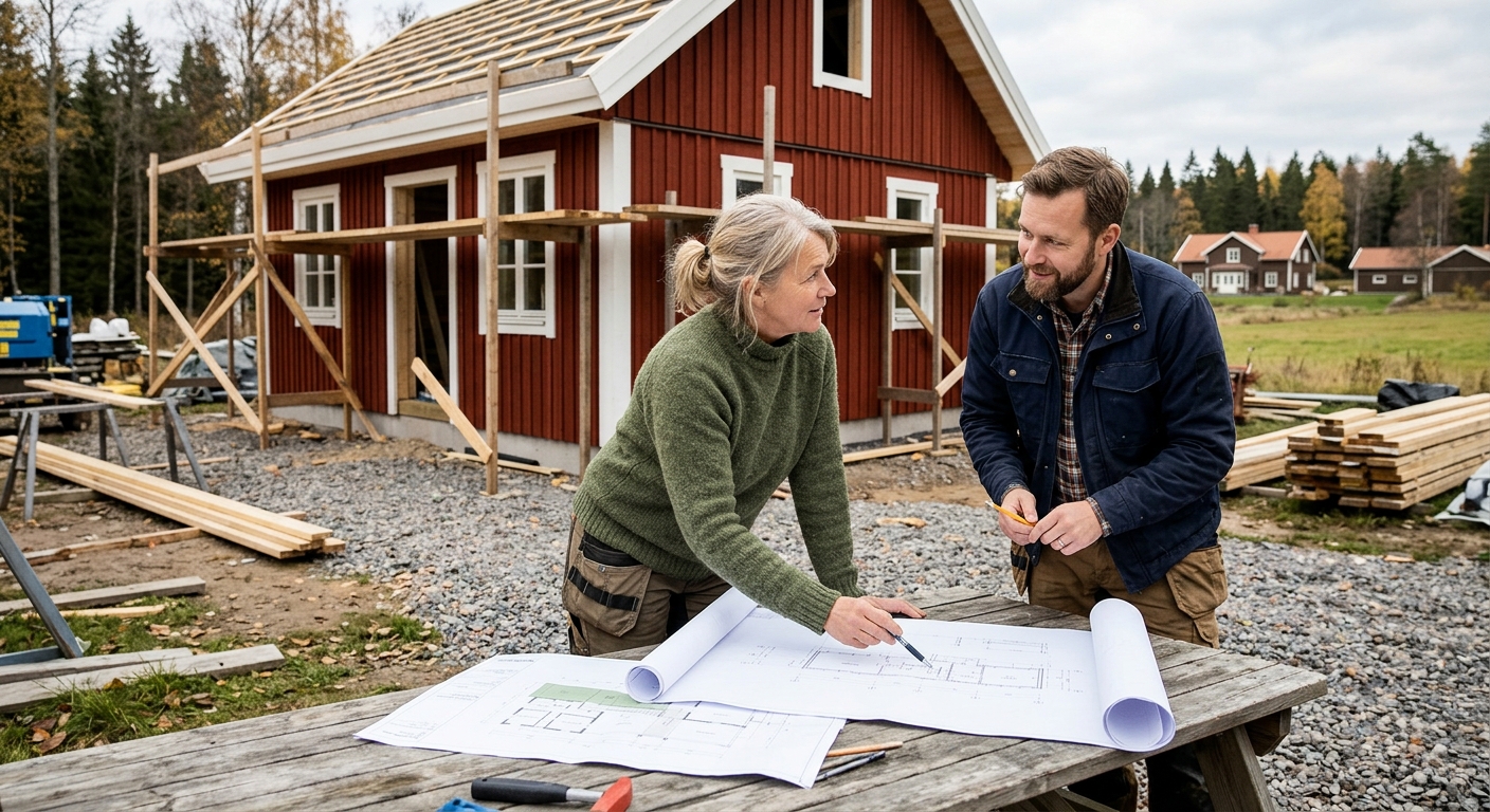 Husägare och byggentreprenör går igenom ritning för ett gästhus