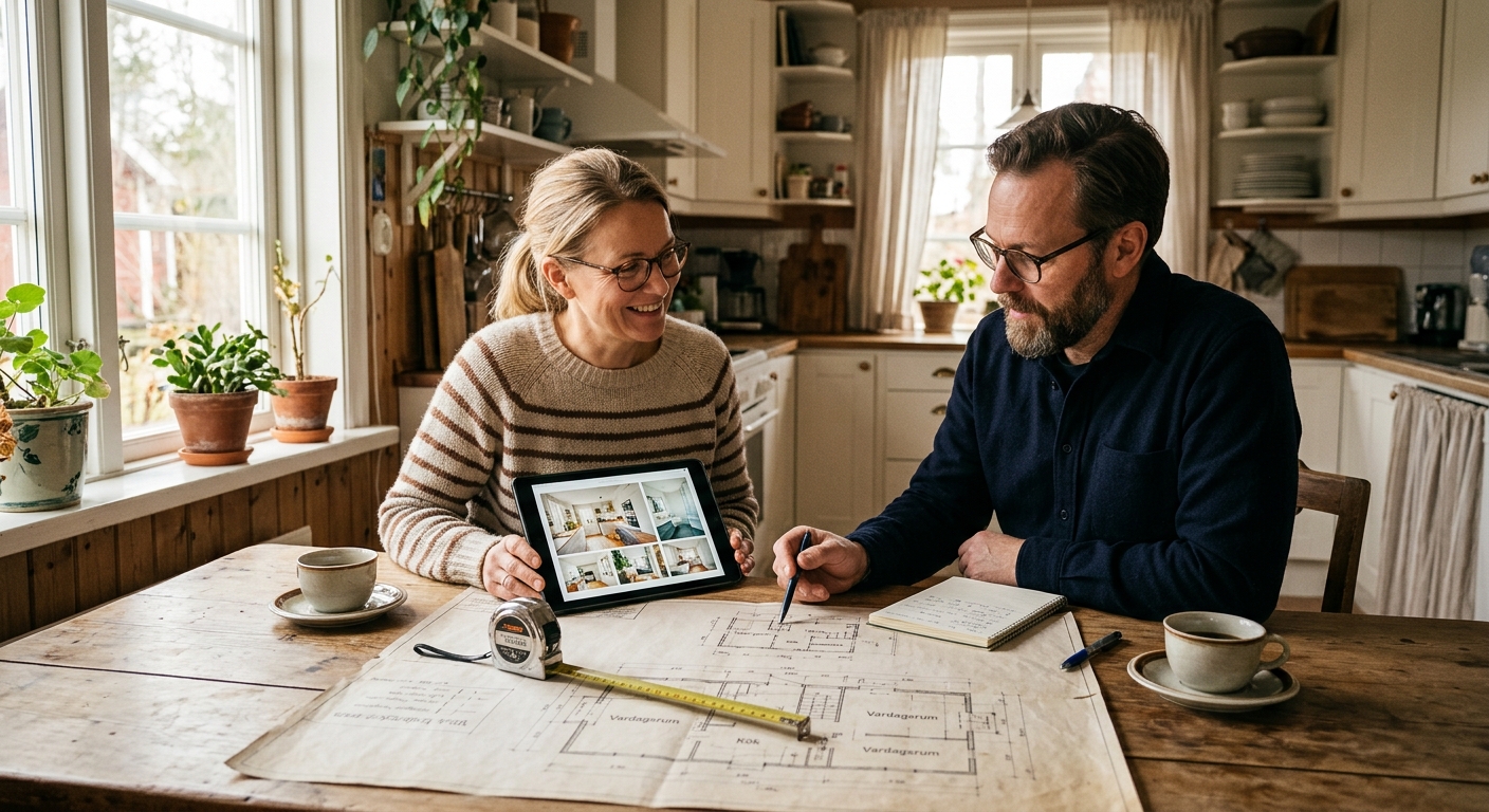 Villaägare visar befintliga husritningar och foton för en byggkonsult