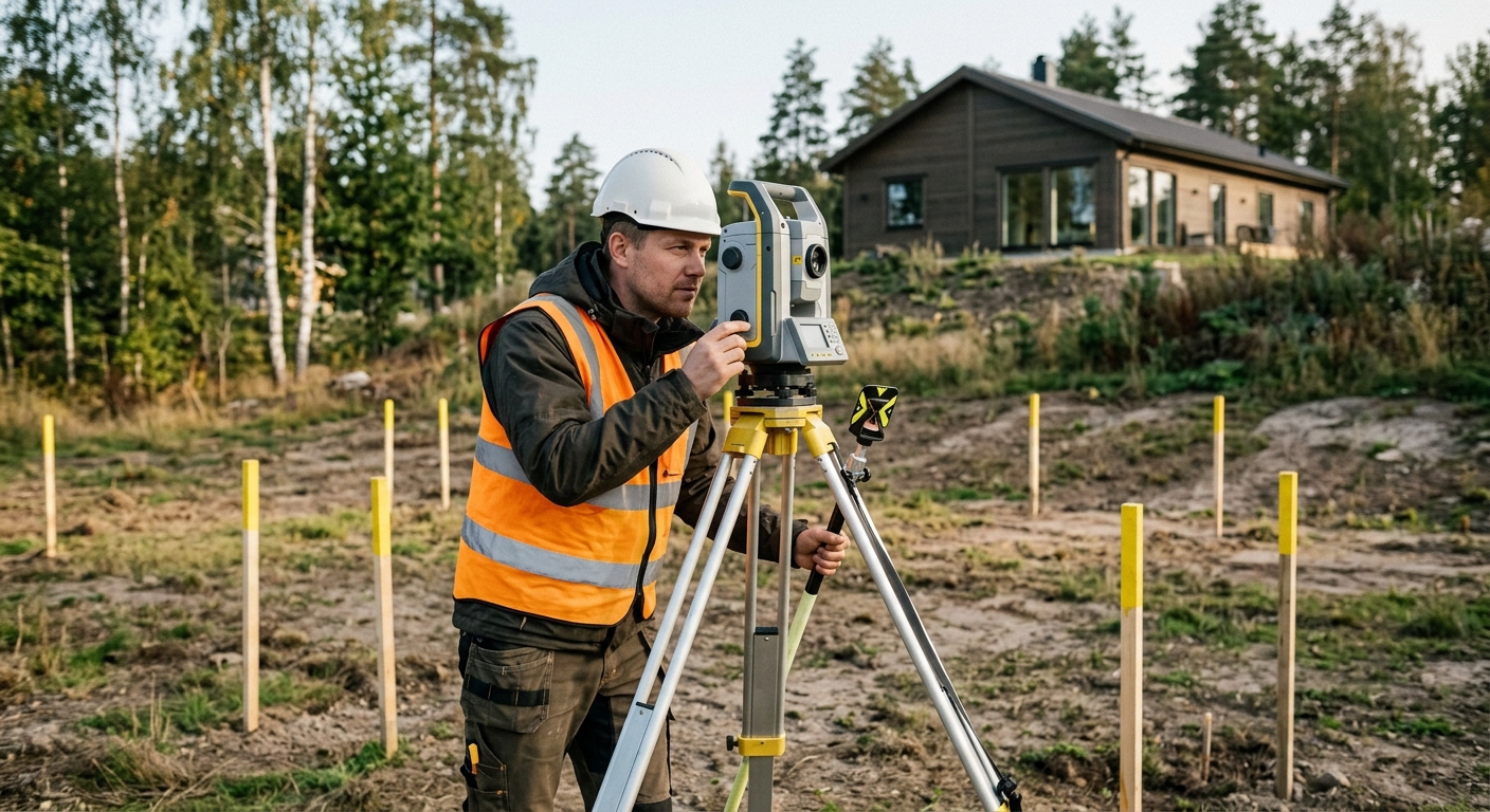 Mätning och utstakning på villatomt inför nybyggnation