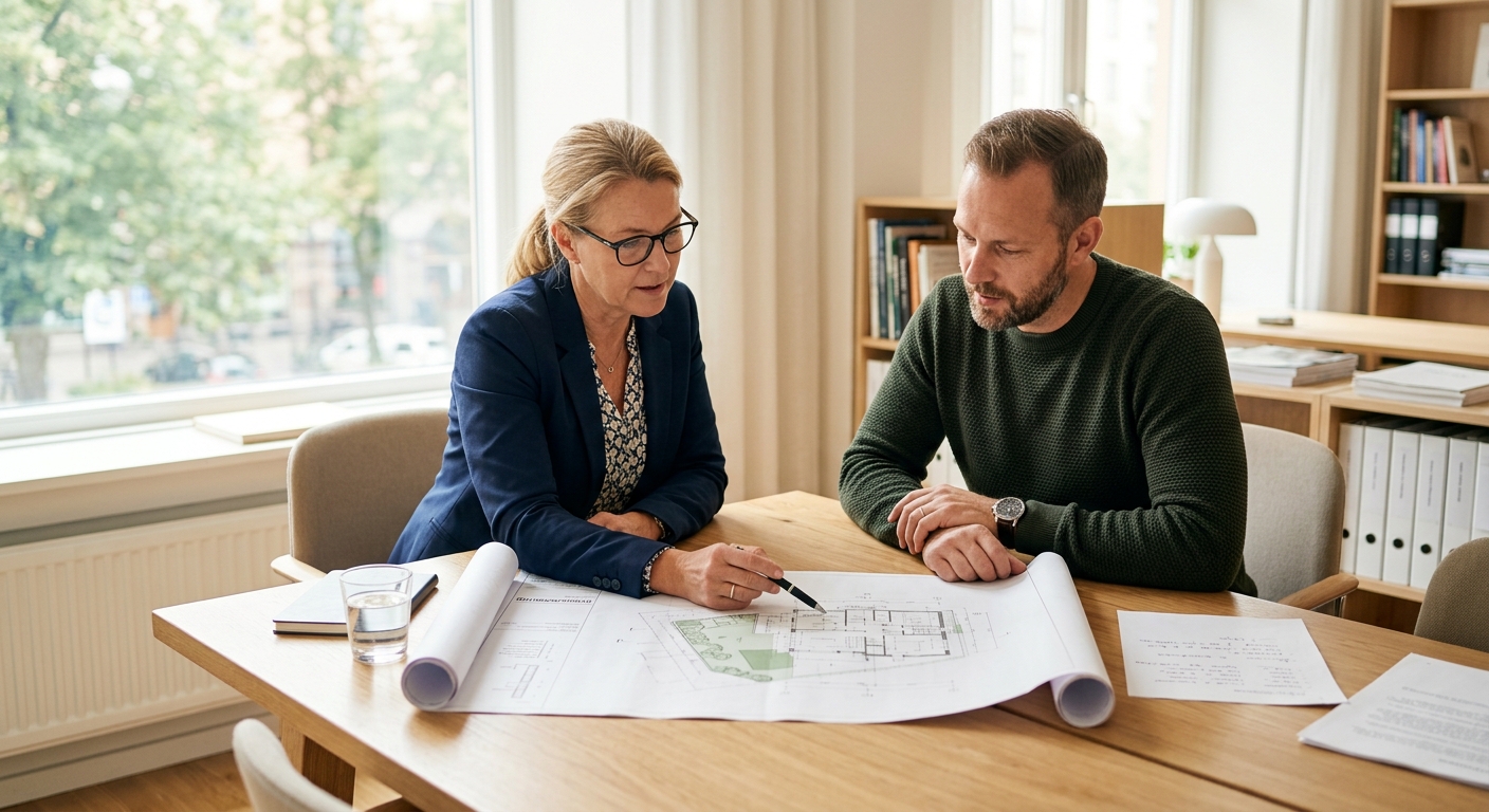 Bygglovskonsult går igenom situationsplan och ritningar med kund