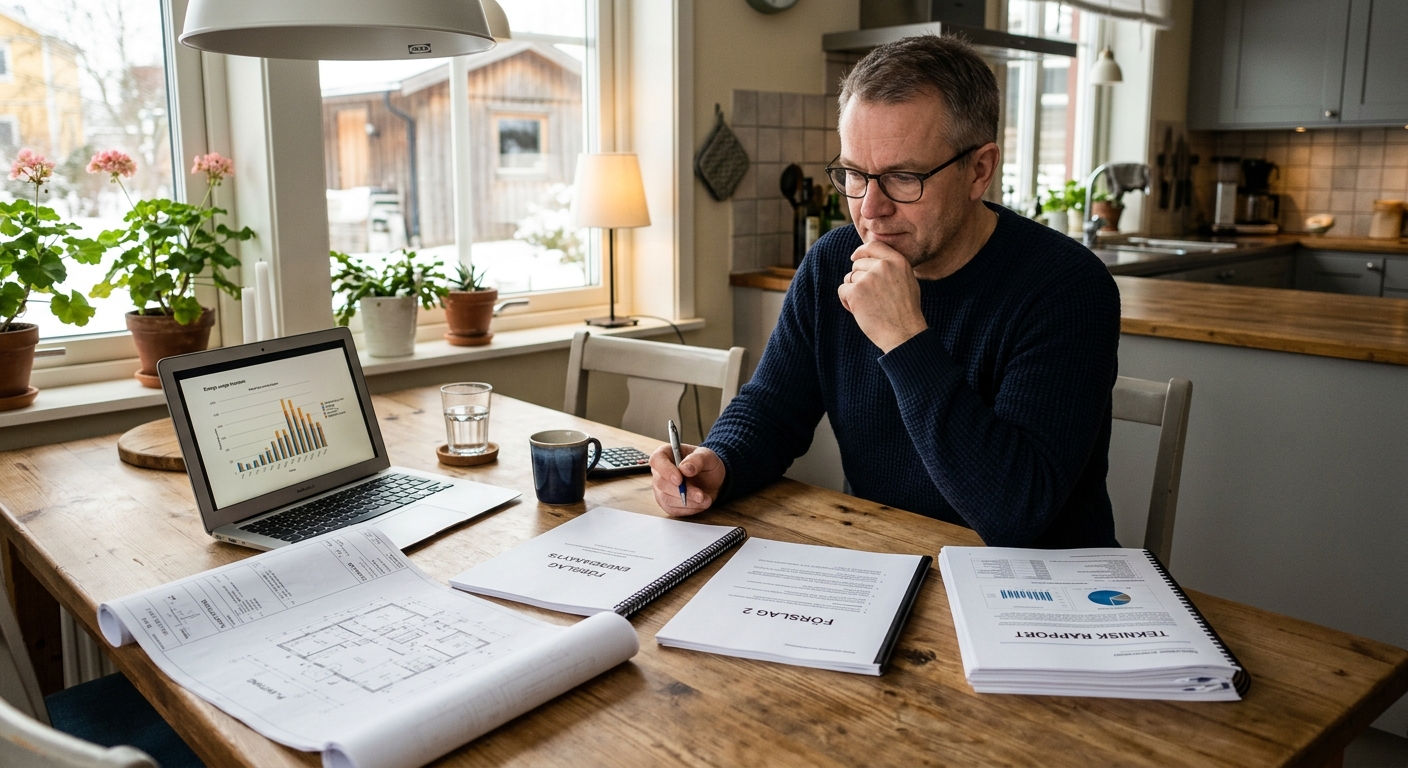 Beställare jämför offert och energirapport vid köksbordet