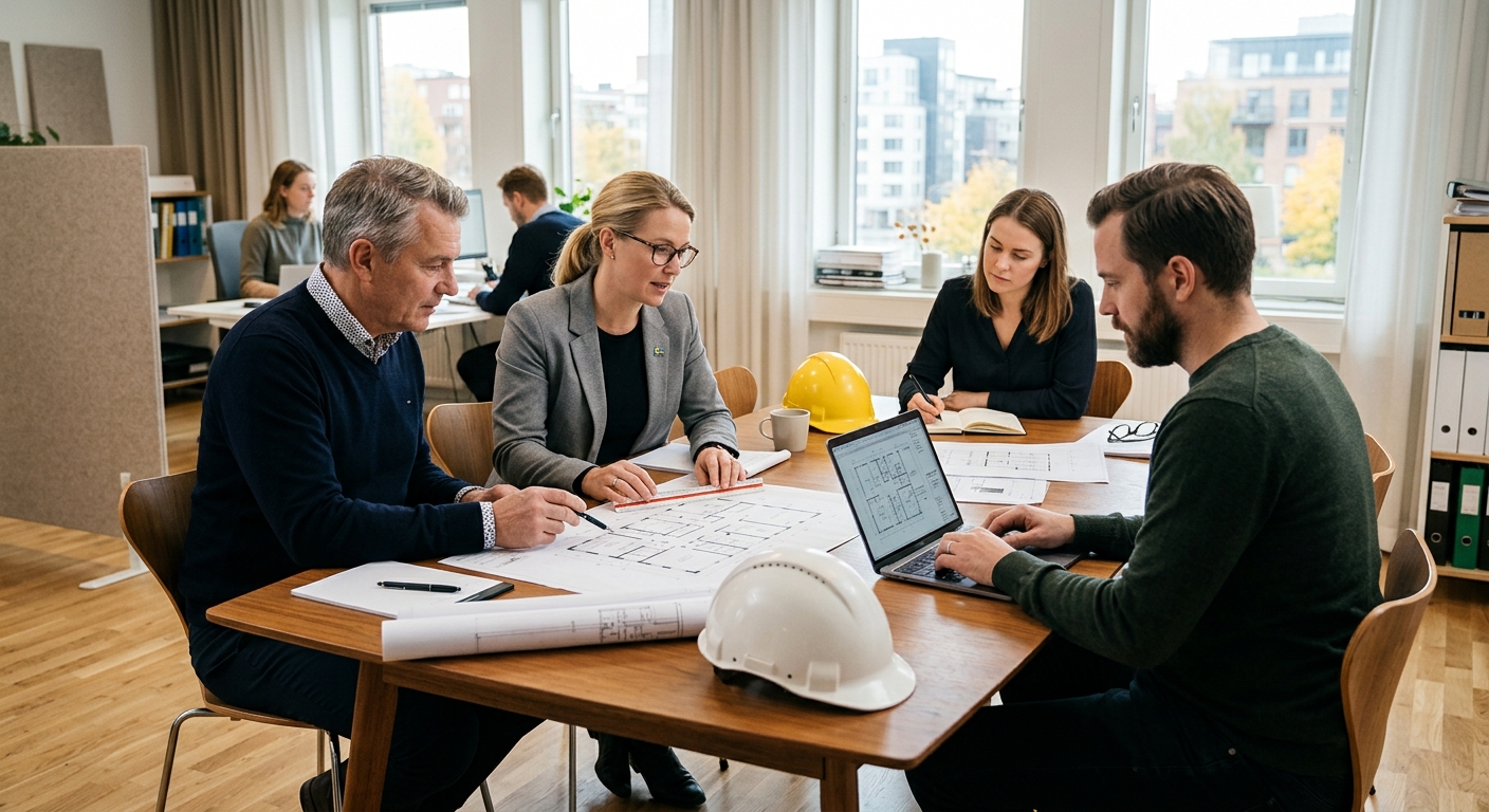 Fastighetsägare och byggkonsult går igenom ritningar inför en rivningsplan