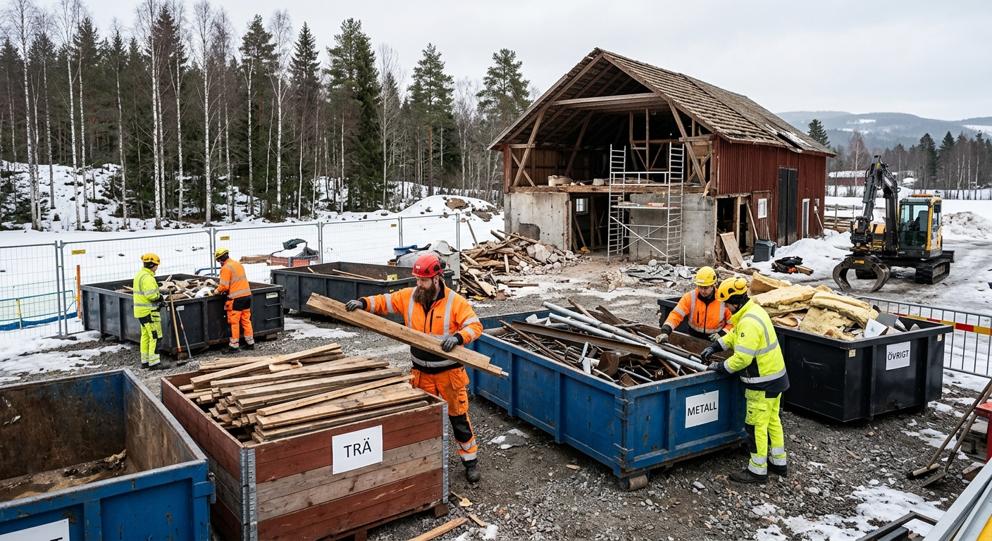 Selektiv rivning där material sorteras i märkta fraktioner på byggarbetsplats
