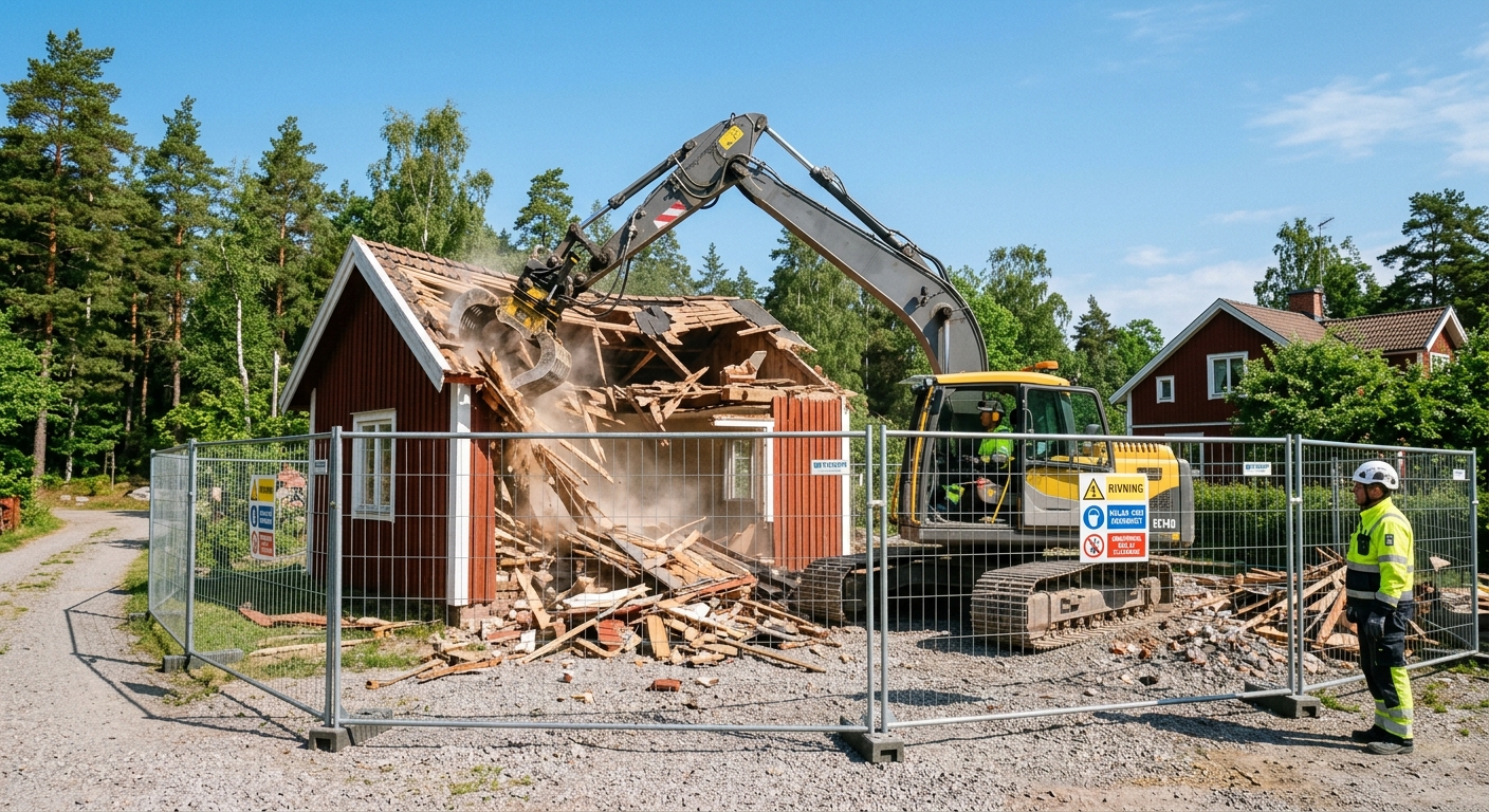 Grävmaskin utför planerad rivning av mindre byggnad