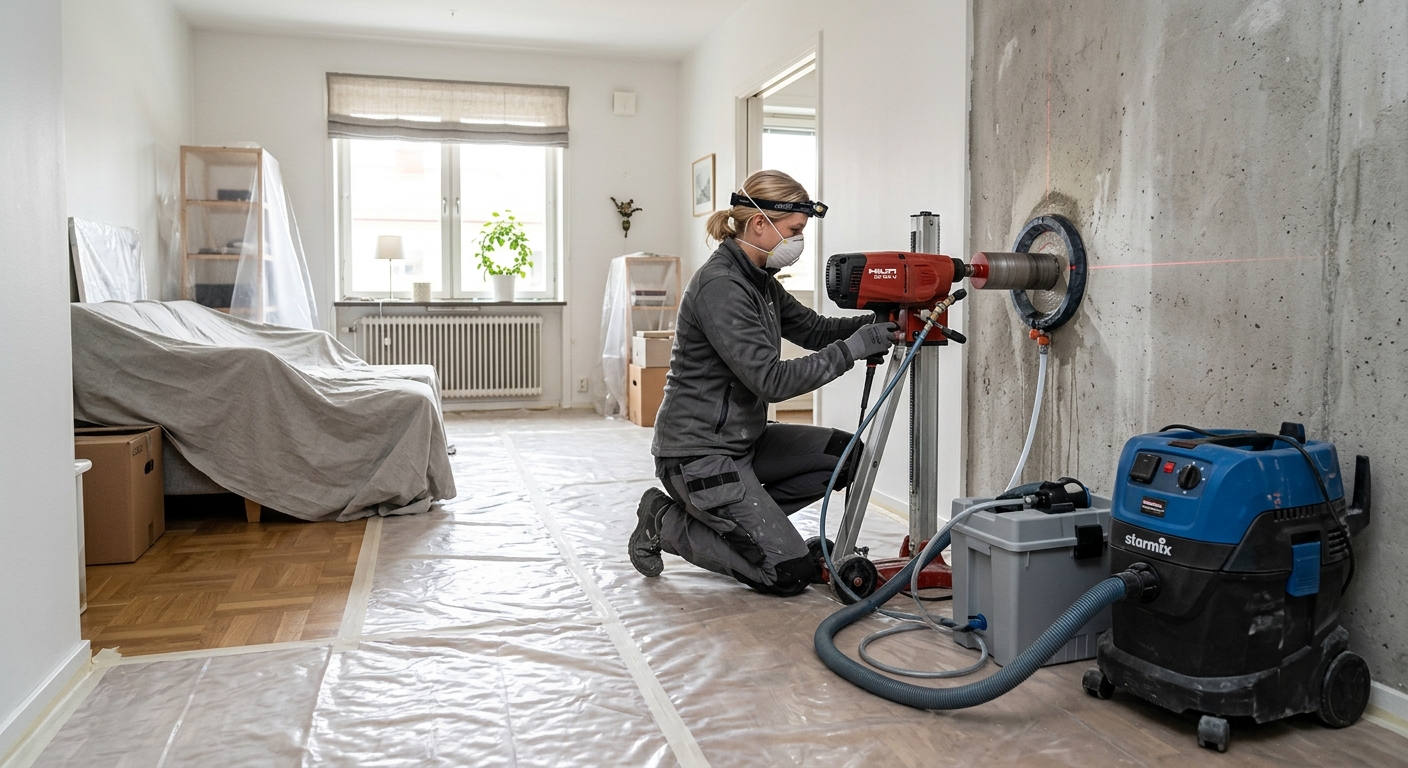 Skyddad arbetsplats för betongborrning inomhus