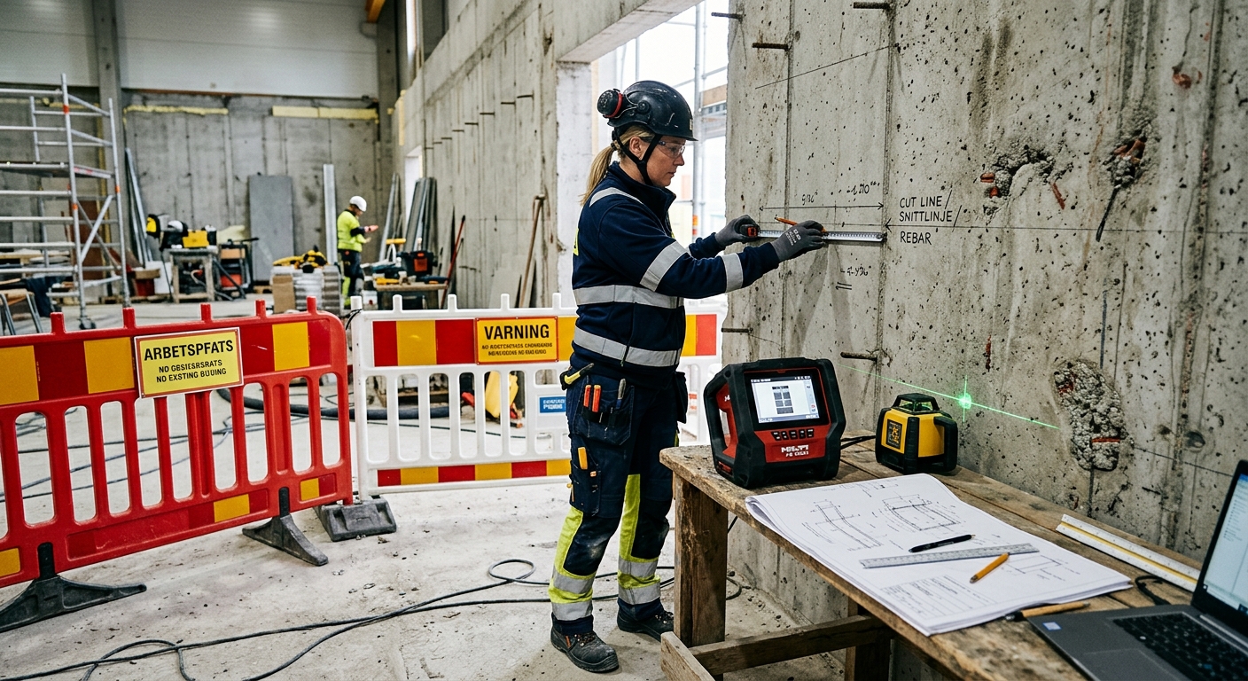 Tekniker mäter och kontrollerar en betongvägg före håltagning