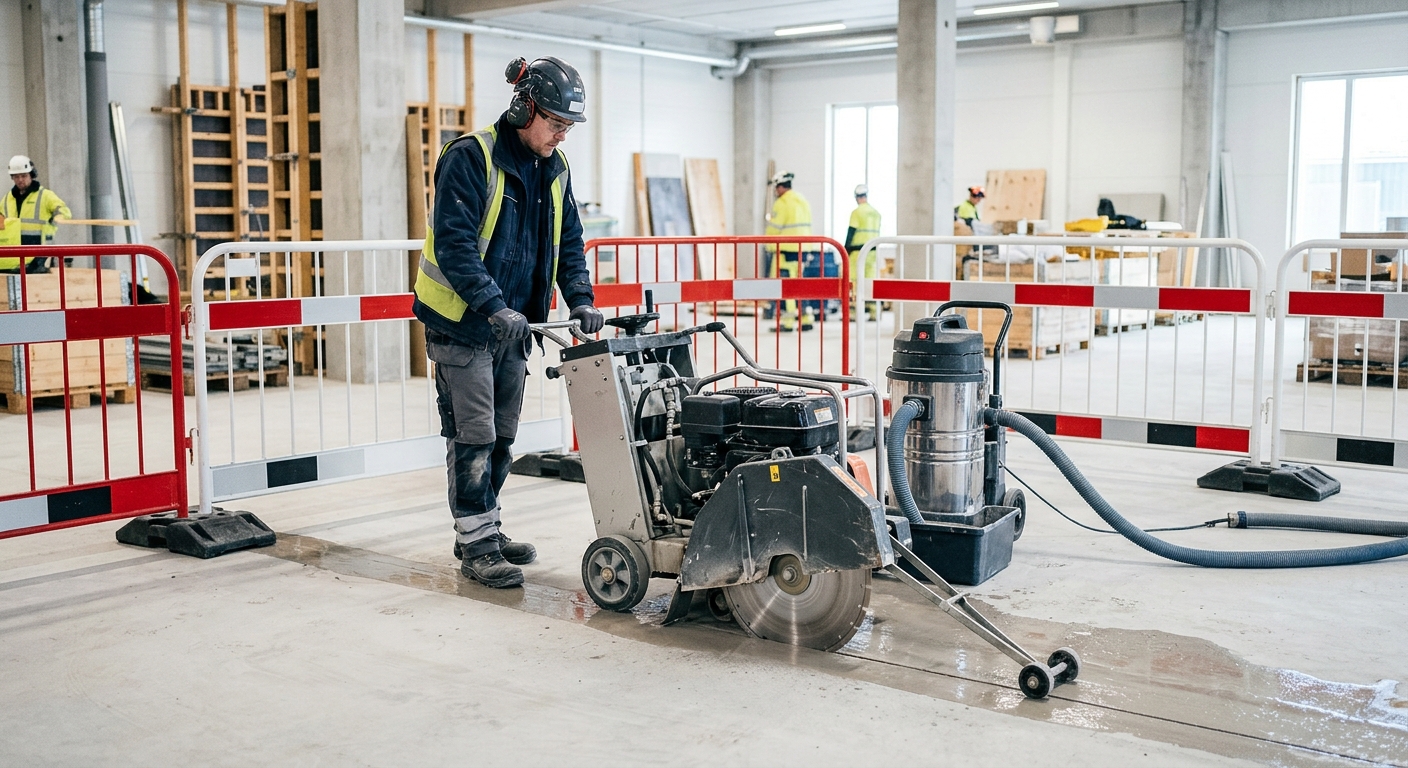 Betongsågning i golv med vattenuppsamling och avspärrad arbetsyta