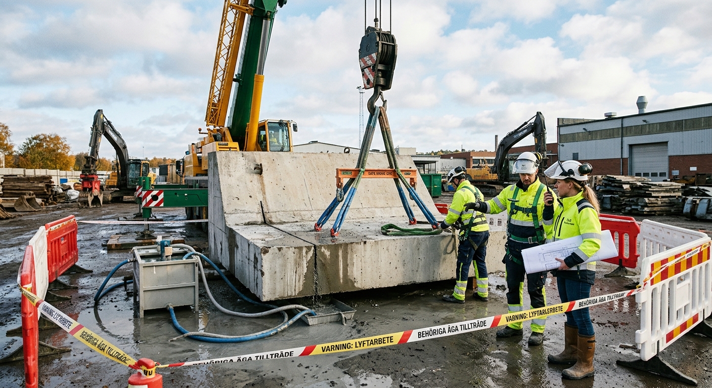 Arbetsledare planerar kontrollerad demontering av utsågad betongdel med lyftutrustning