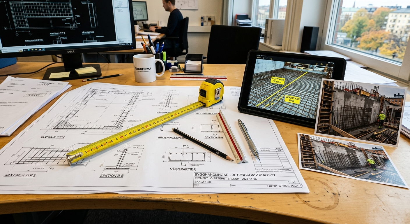 Ritning, måttband och foton av betongkonstruktion används som underlag för offert på vajersågning