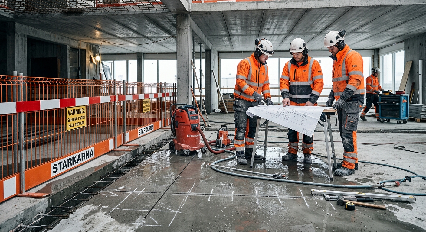 Byggarbetsplats där ett markerat betongbjälklag förbereds för golvsågning