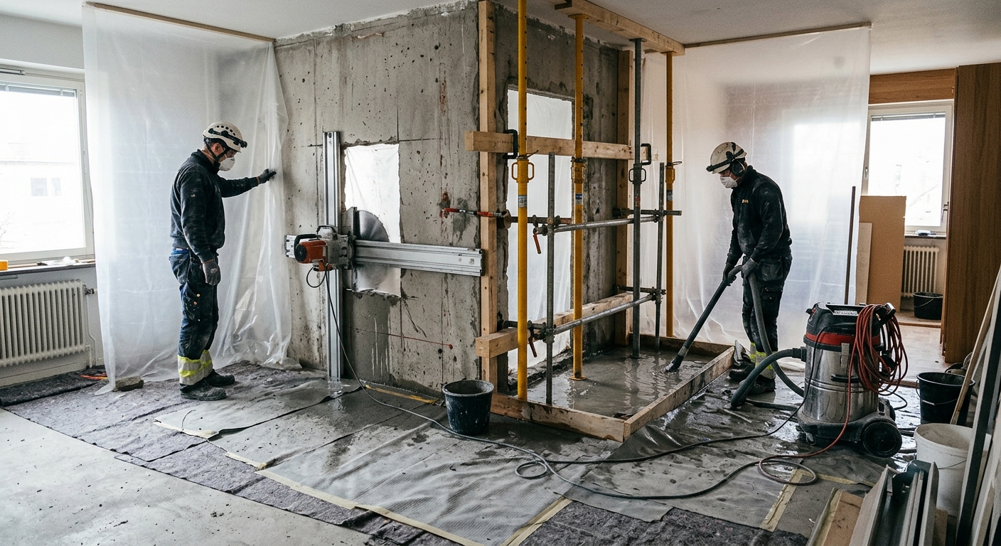 Skyddad inomhusmiljö vid betongsågning med uppsamling av vatten och slam