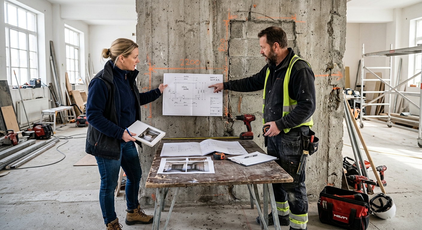 Byggherre och betongsågare granskar ritning och mått för en ny dörröppning