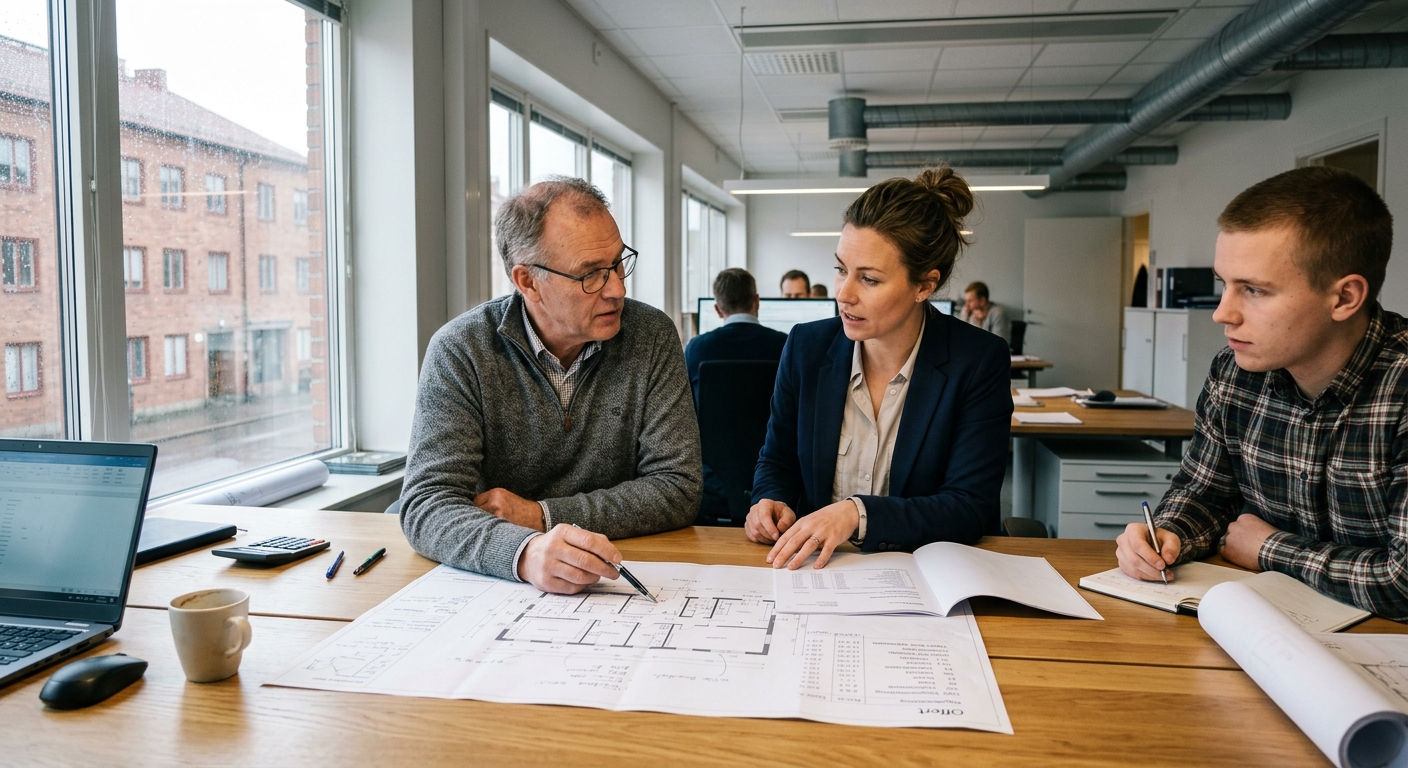 Projektledare och beställare går igenom ritningar och offertunderlag vid ett bord