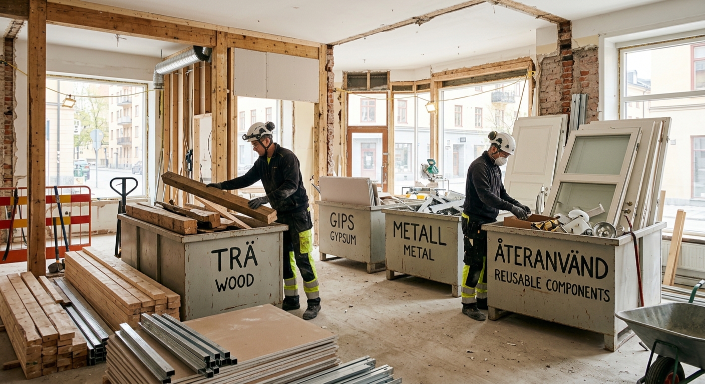 Sorterade material från selektiv invändig rivning i en renoveringslokal