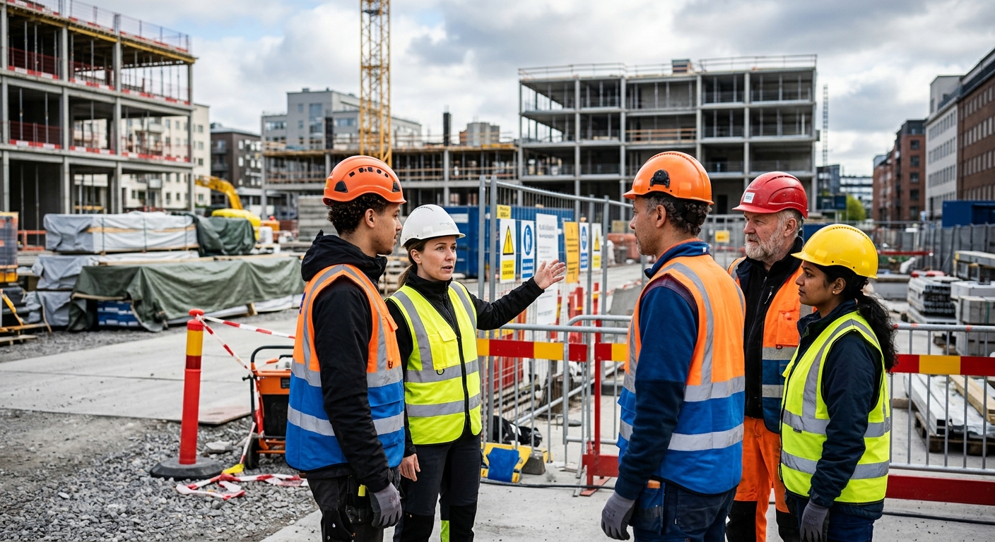 Byggarbetsmiljösamordnare i skyddshjälm samtalar med entreprenörer på byggarbetsplats