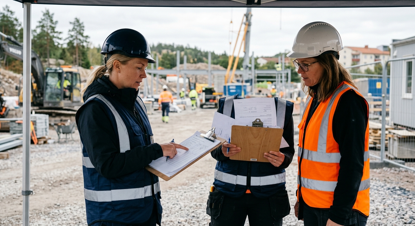 Två byggkonsulter går igenom arbetsmiljödokumentation på en byggarbetsplats