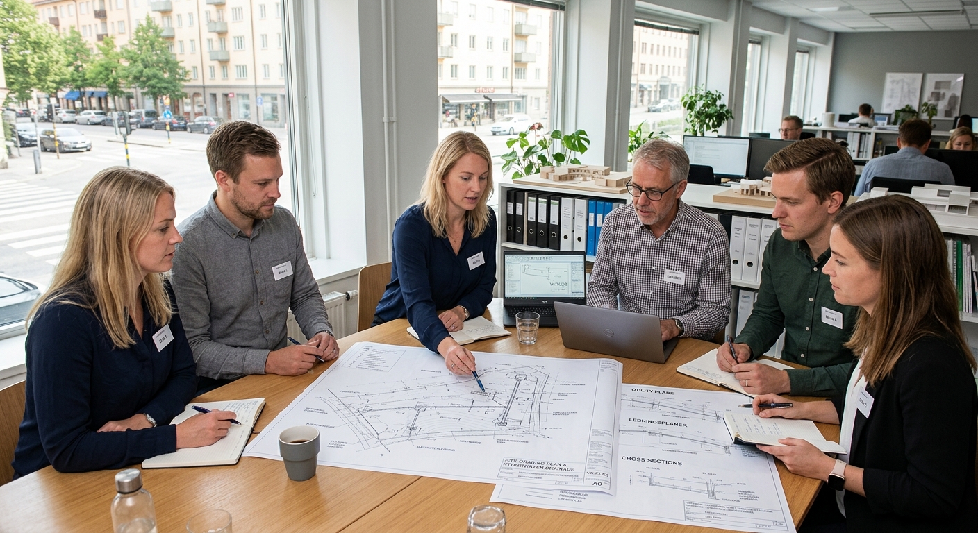 Tekniskt samordningsmöte med markplan och VA-ritningar på bord