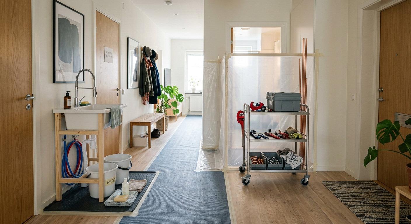 Tillfälligt handfat och skyddad hall i bostad under stambyte