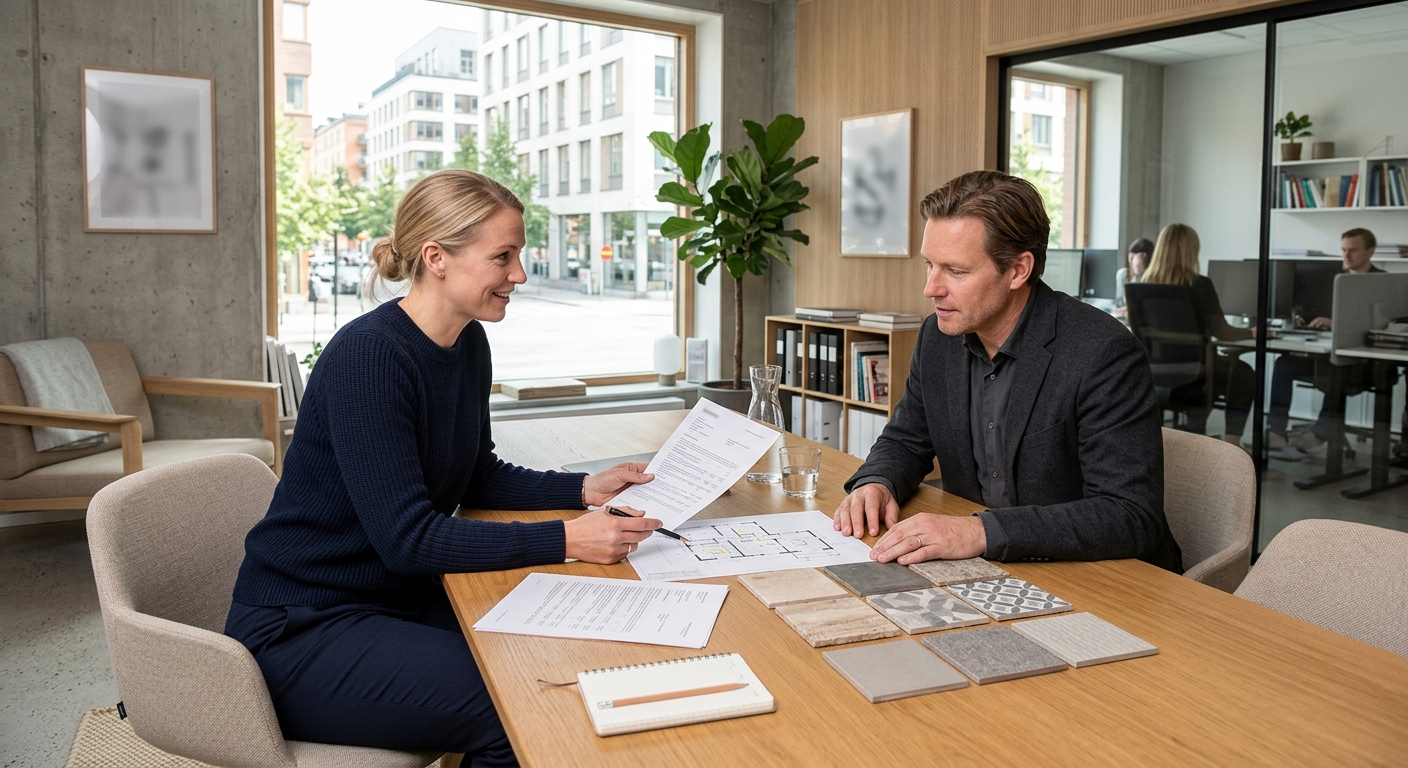 Projektledare och fastighetsägare granskar en specificerad offert för stambyte