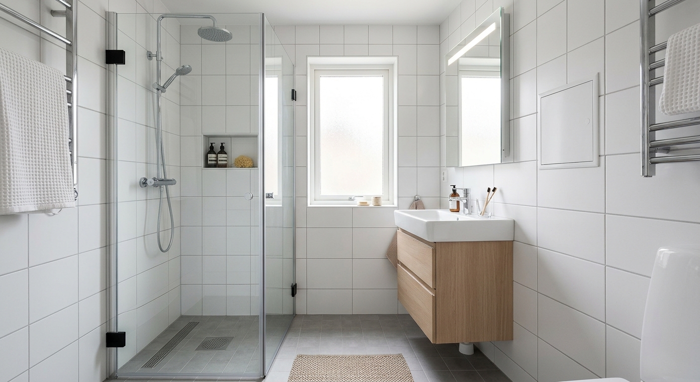 Färdigställt modernt badrum efter stamrenovering