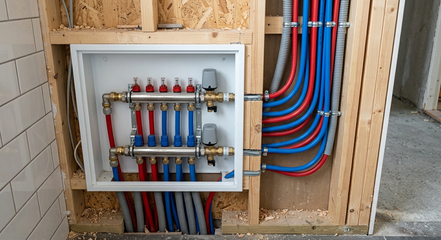 Rör-i-rör-installation och fördelarskåp i vägg under badrumsrenovering