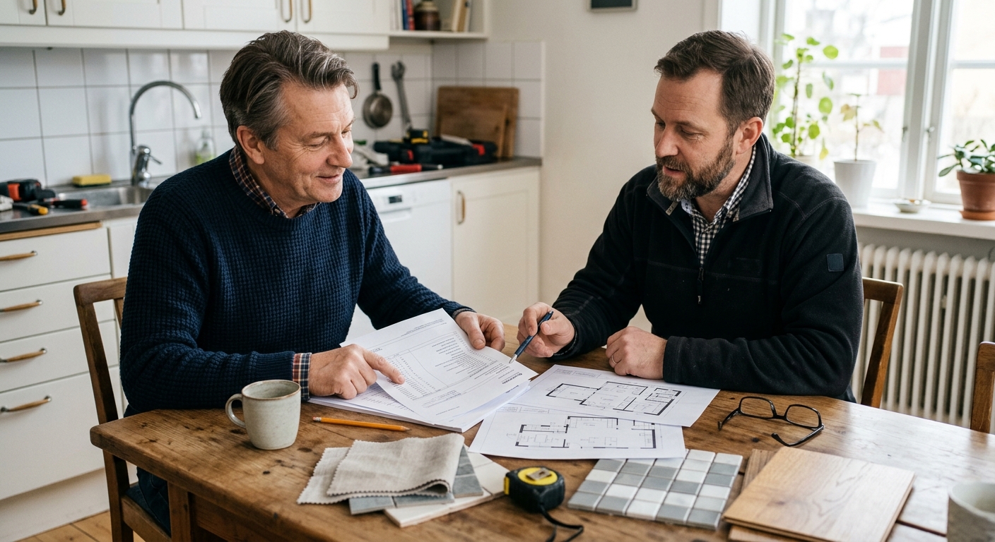 Husägare och rörmokare går igenom en skriftlig offert vid köksrenovering