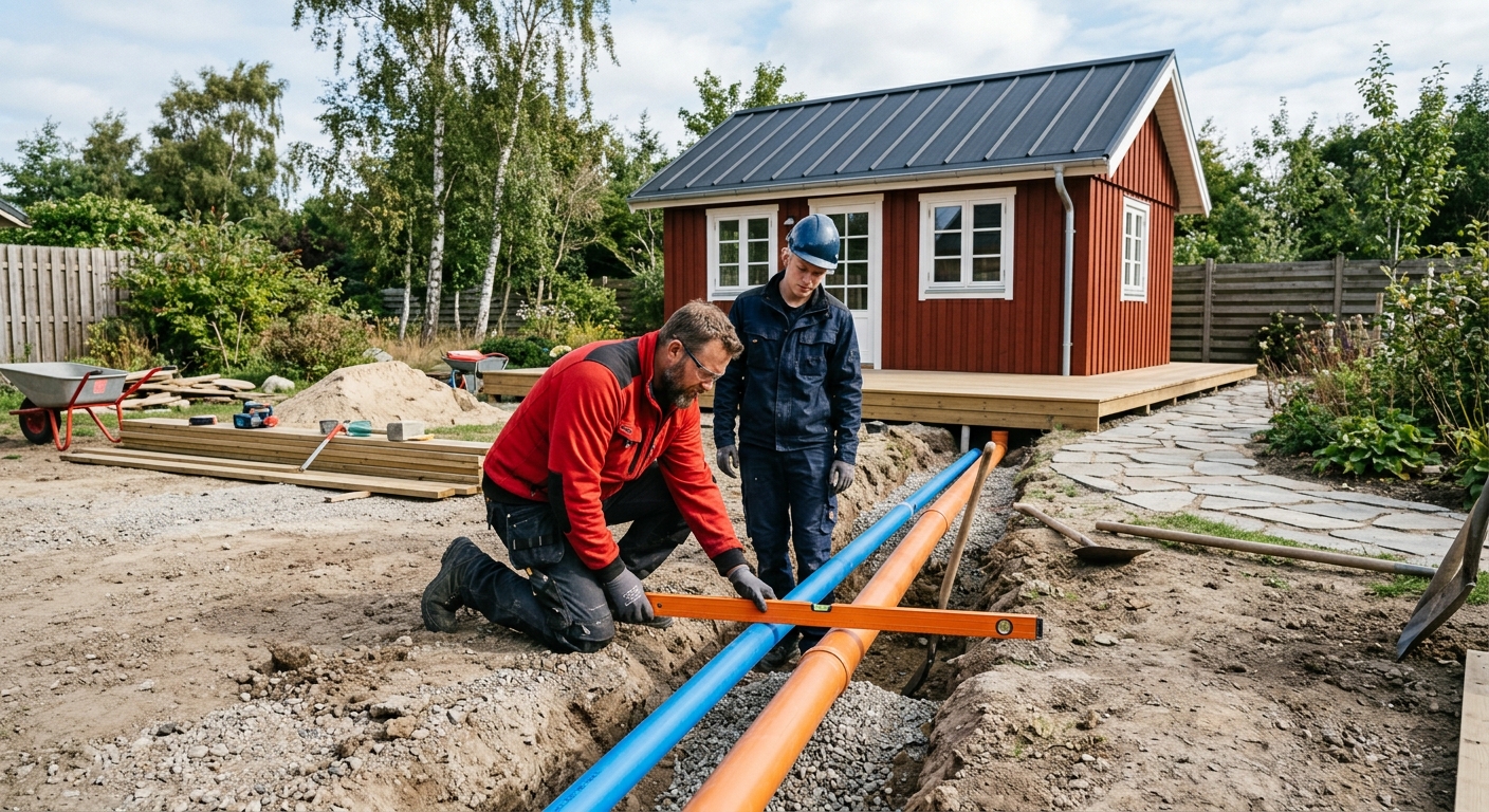 VVS-tekniker och markentreprenör mäter ut rördragning till attefallshus