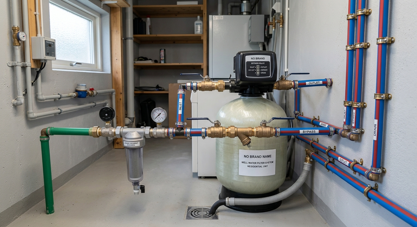 Installerat vattenfilter med avstängningsventiler och tydligt serviceutrymme i svenskt teknikrum