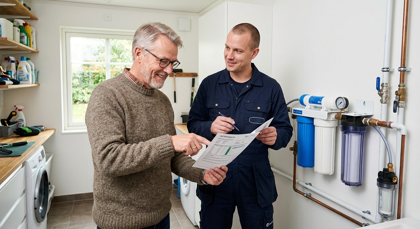 Villaägare och VVS-tekniker granskar vattenanalys och filterutrustning före installation