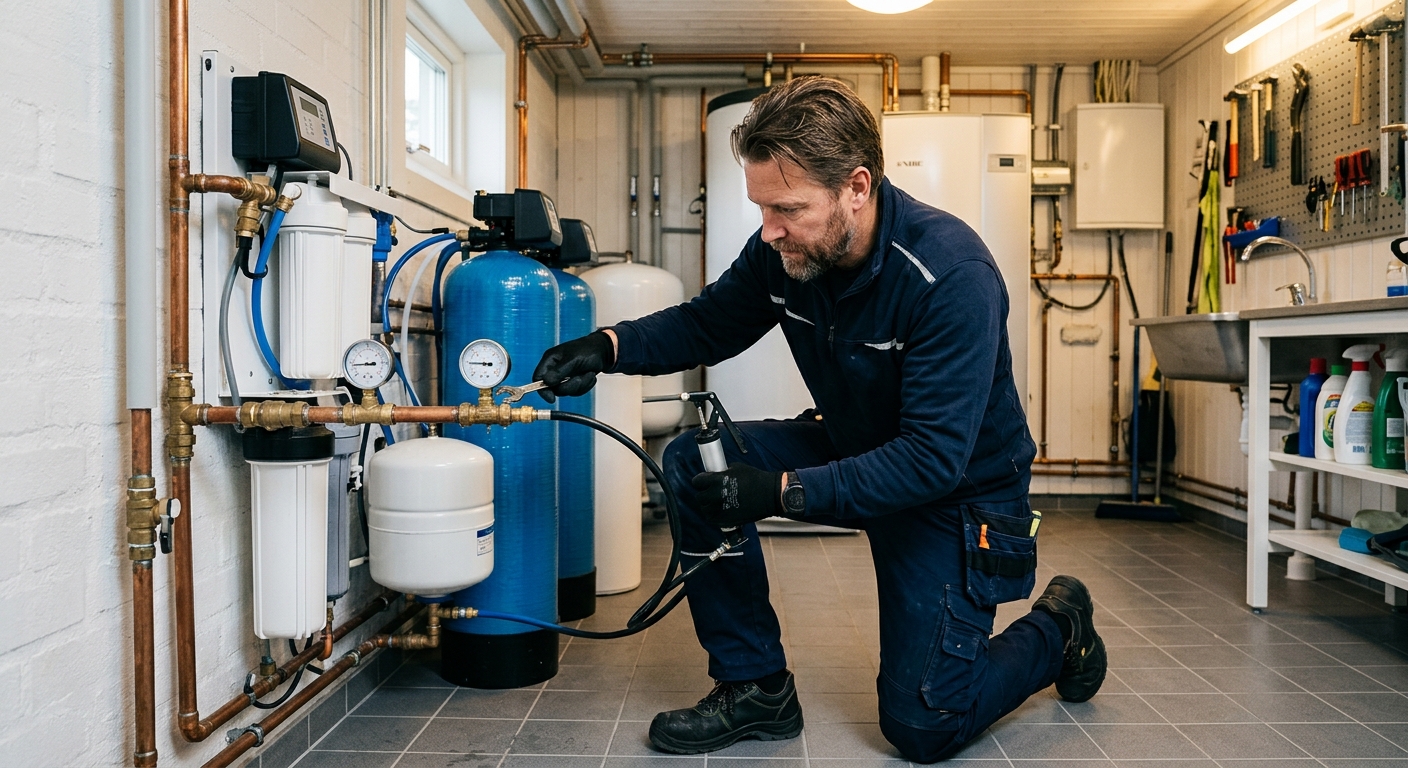 VVS-installatör kontrollerar tryckmätare och anslutningar på vattenreningssystem