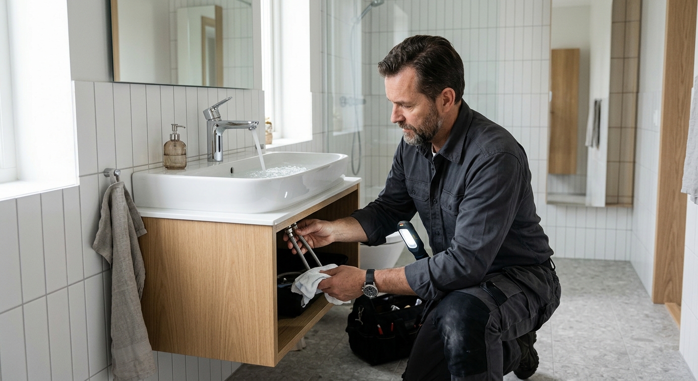 Rörmokare gör täthetskontroll vid nyinstallerad tvättställsblandare
