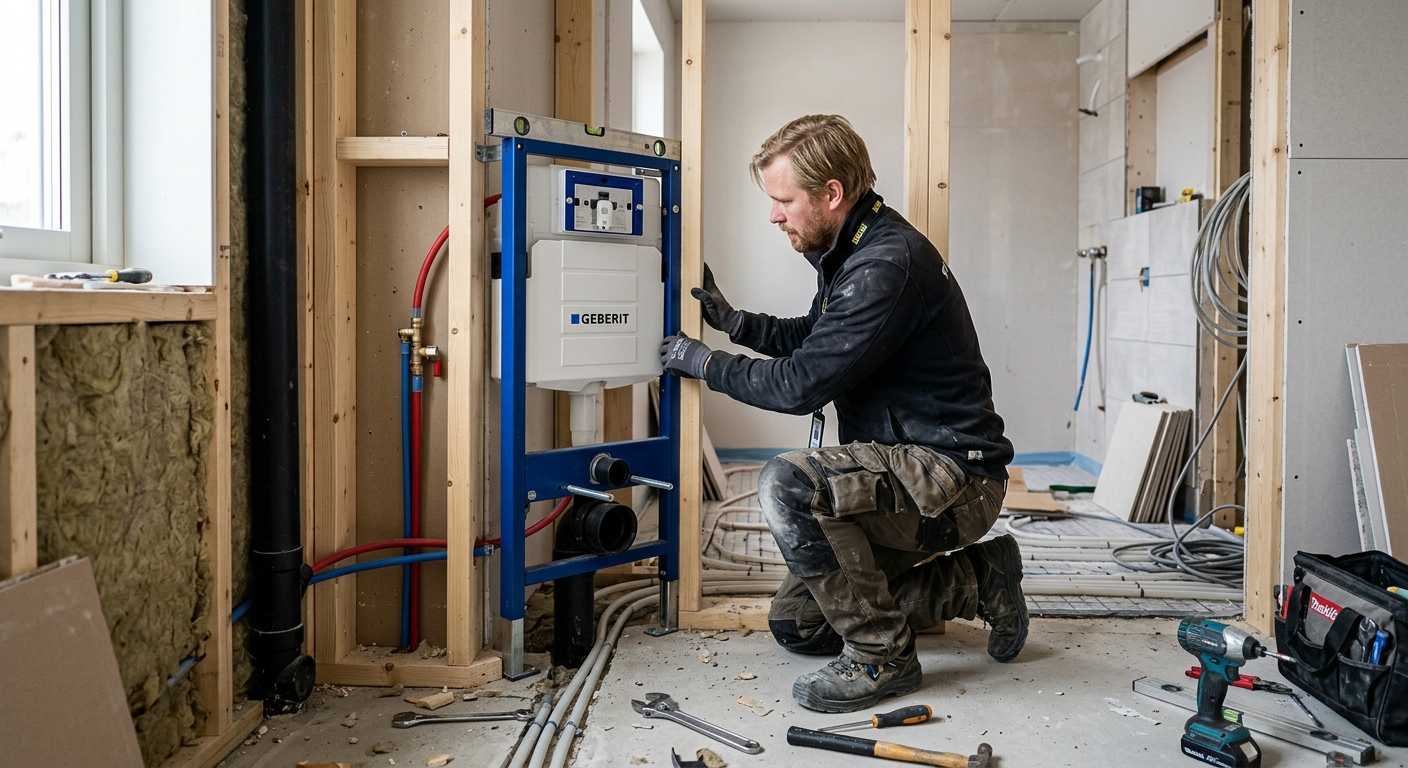 Rörmokare arbetar med fixtur för vägghängd toalett bakom öppen badrumsvägg