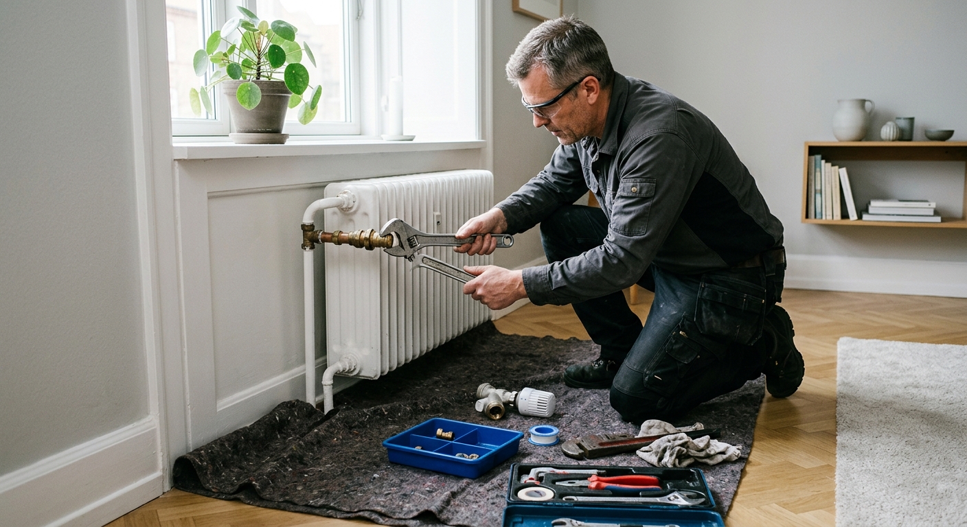 VVS-montör byter radiatorventil på ett element