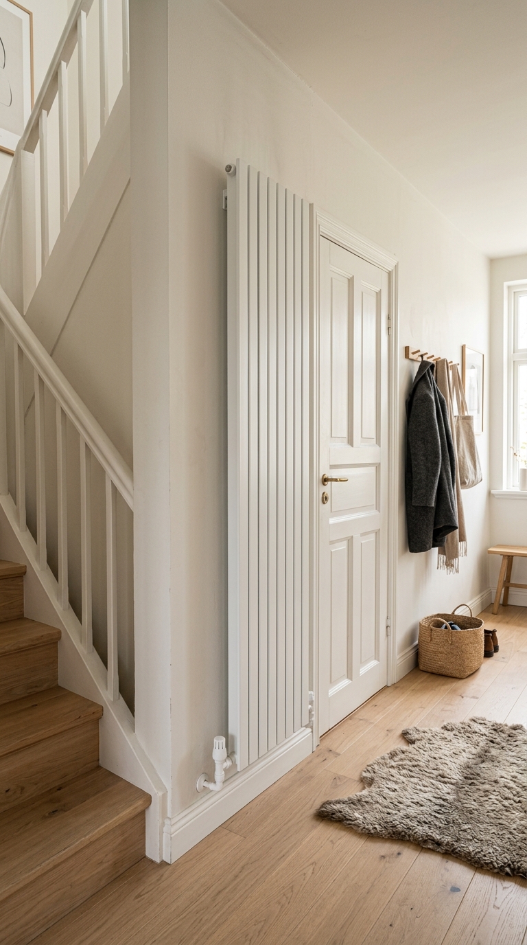 Vertikal vattenburen radiator på en smal vägg