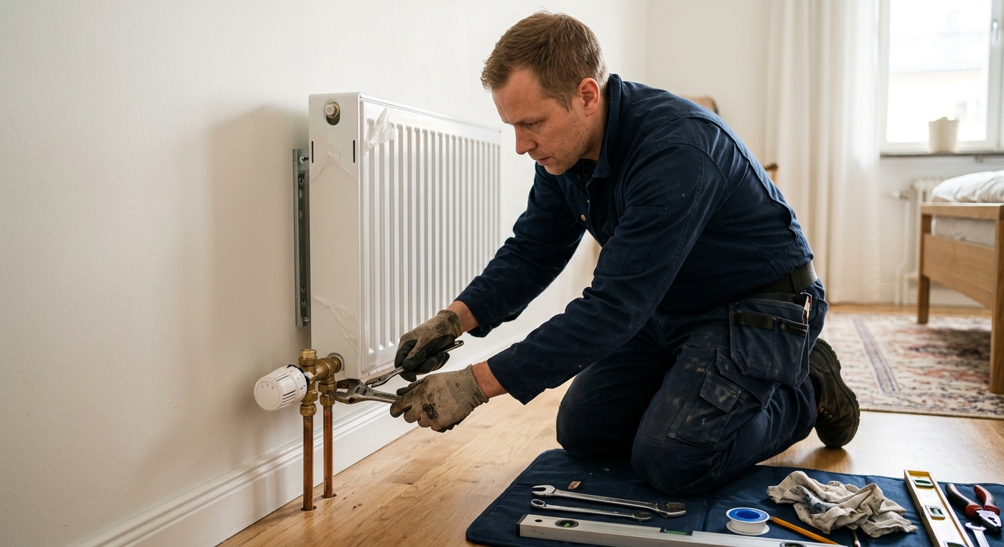 Rörmokare monterar en ny vattenburen radiator med handverktyg