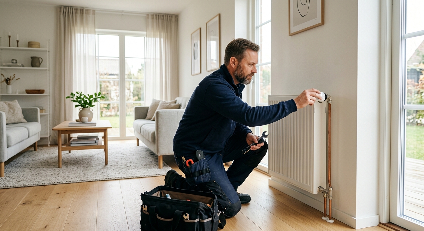 Färdigmonterad vattenburen radiator i ett ljust svenskt hem