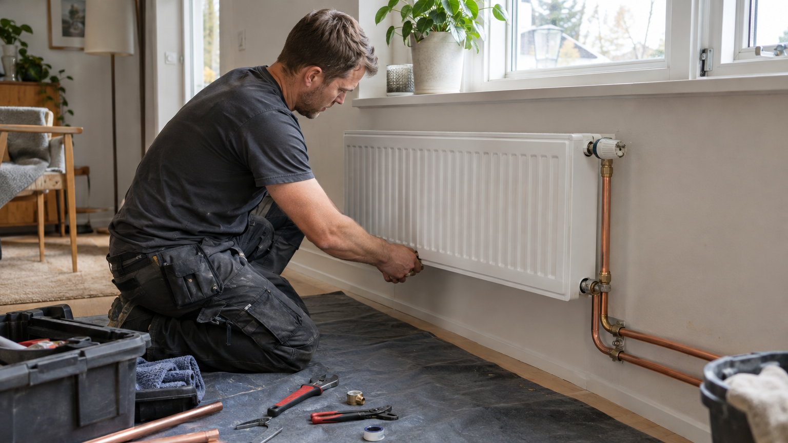 VVS-montör som ansluter en vit panelradiator under ett fönster i en villa.