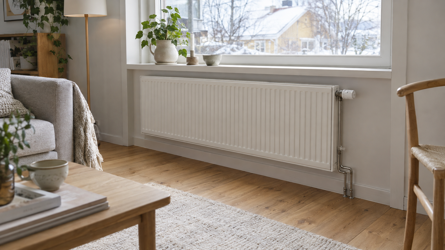 Vit vattenburen panelradiator med termostat under ett fönster i ett vardagsrum.