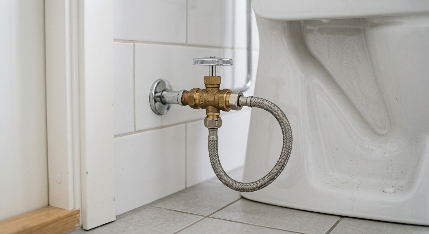 Detaljbild av avstängningsventil och vattenrör vid toalett i badrum