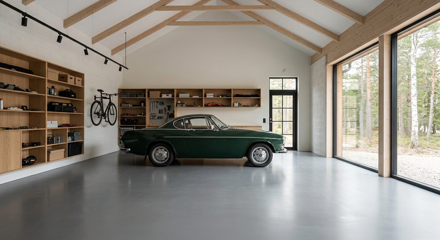 Slätt grått epoxigolv i modernt garage
