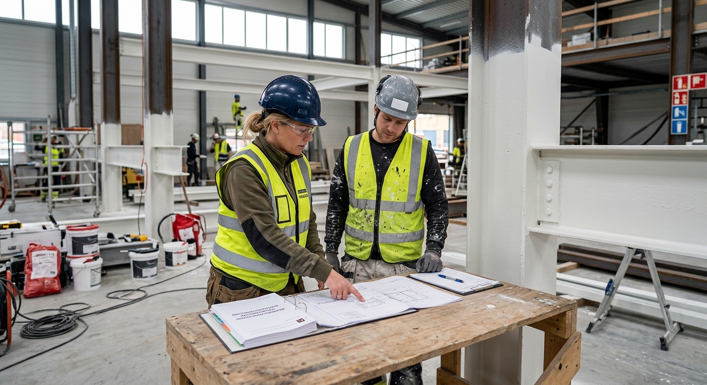 Projektledare granskar dokumentation för brandskyddsmålning på byggarbetsplats