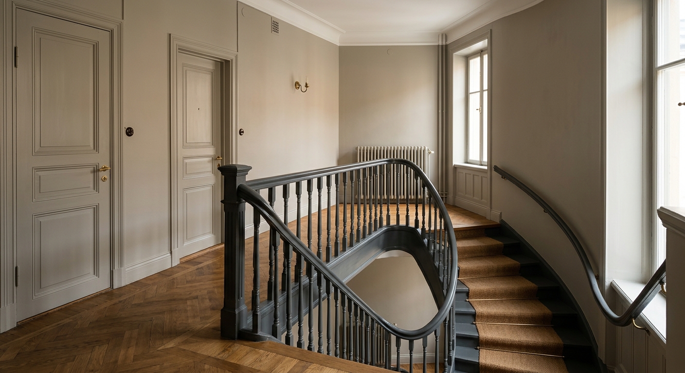 Ljust svenskt trapphus med nymålade väggar, räcke och dörrsnickerier