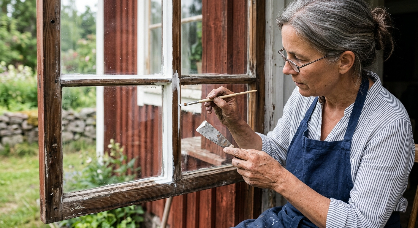 Närbild av målare som arbetar med kitt och pensel på ett spröjsat träfönster