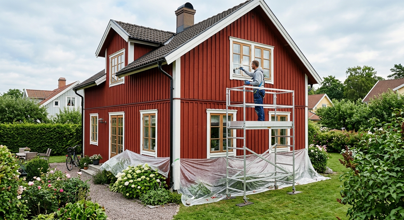 Målare arbetar säkert från ställning vid utvändig målning av träfönster