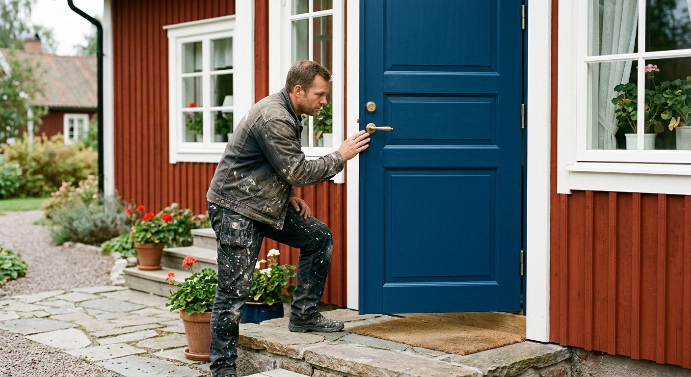 Nymålad blå ytterdörr med målare som kontrollerar finishen