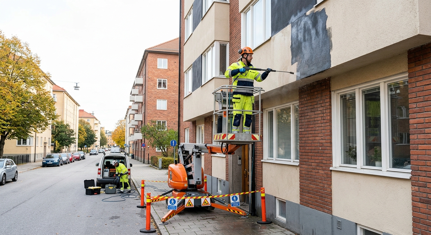 Klottersanerare arbetar säkert från lift vid en fasad