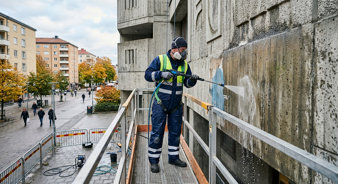 Fackperson rengör en betongvägg före applicering av transparent klotterskydd