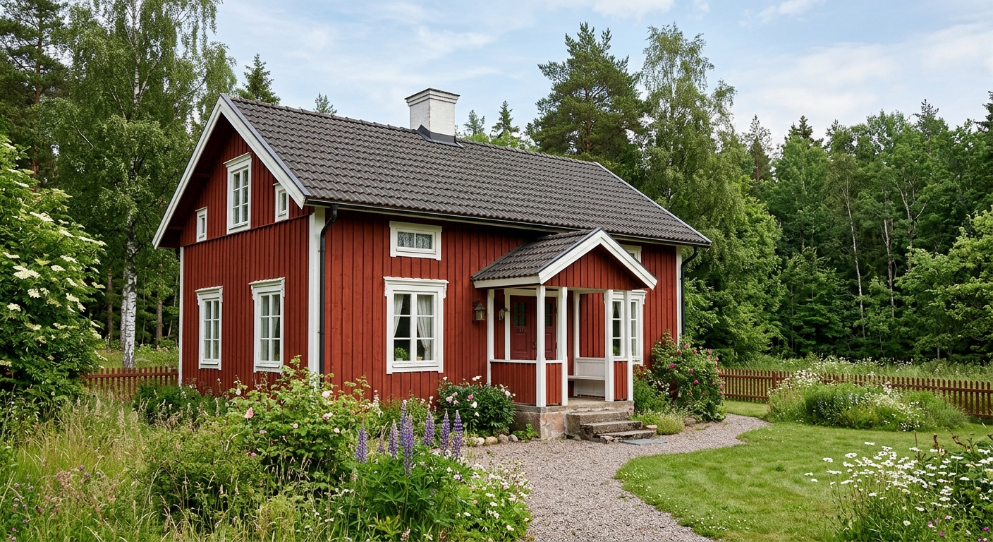 Träfasad målad med traditionell röd slamfärg