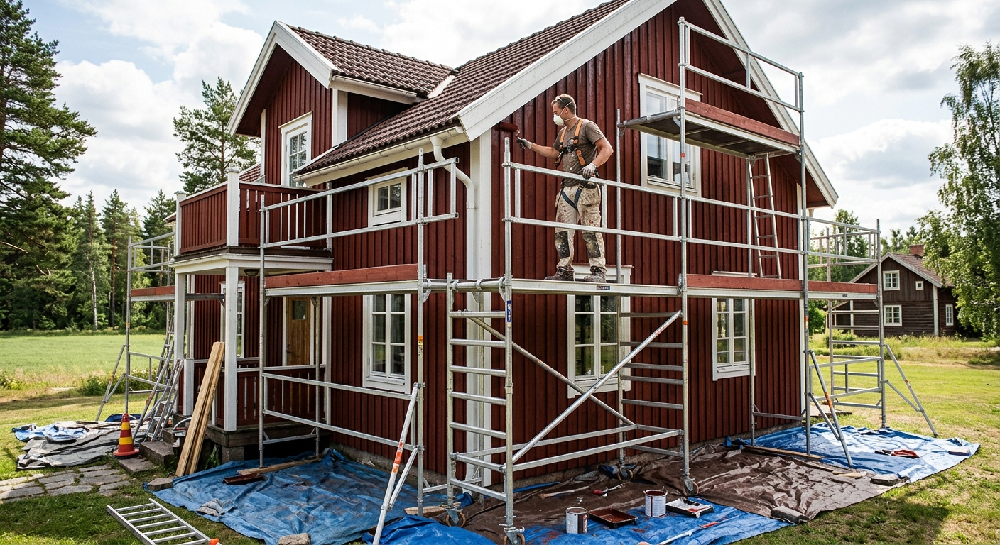 Målare på ställning som målar övre delen av en träfasad